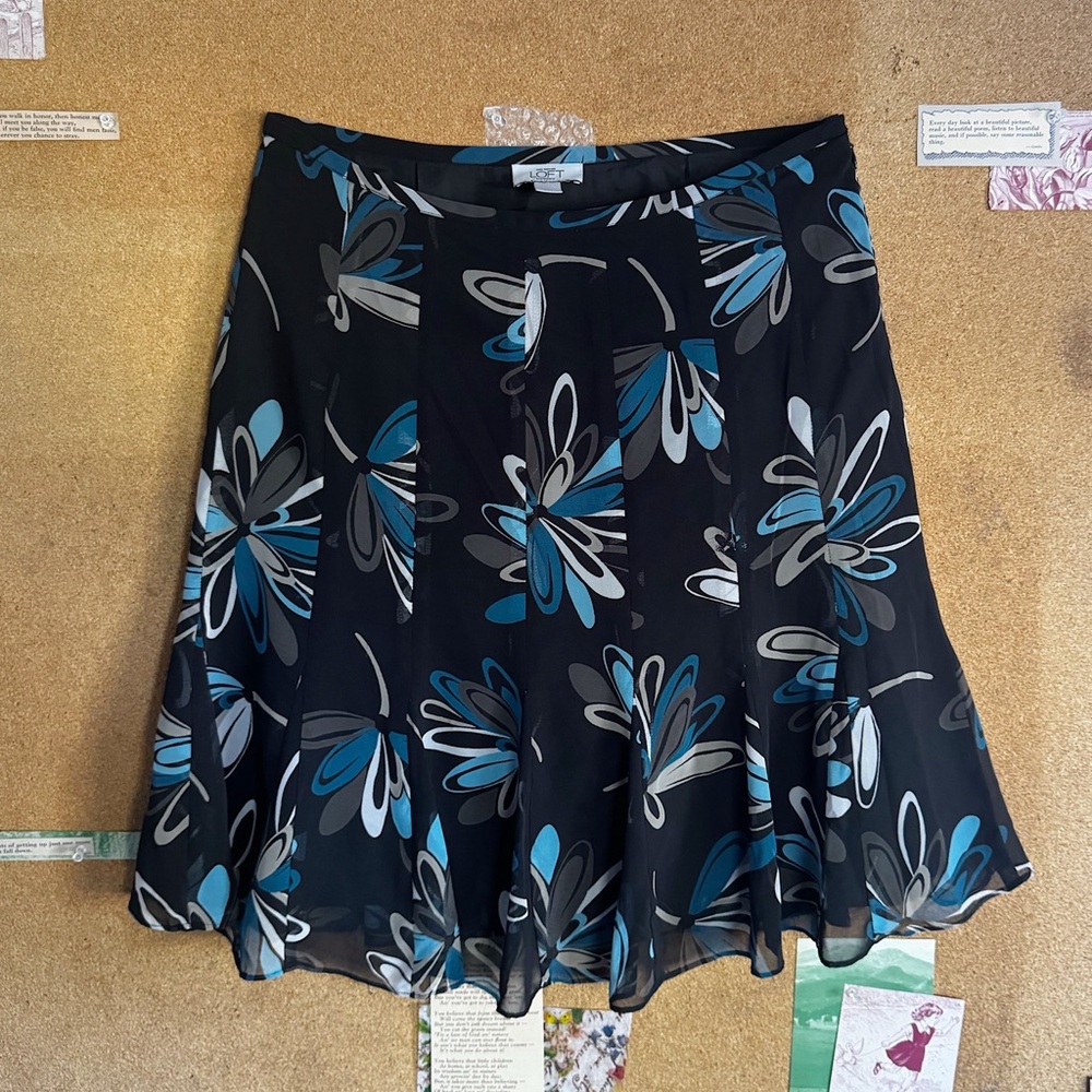 LOFT Black and Blue Floral Skater Skirt